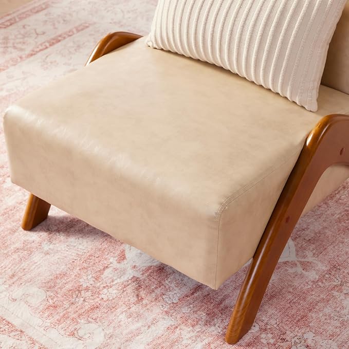 Oversized Accent Chair, upholstered armless mid Century Modern Living Room Chair with Wooden Legs for Bedroom/Office/Cafe, Faux Leather Ivory
