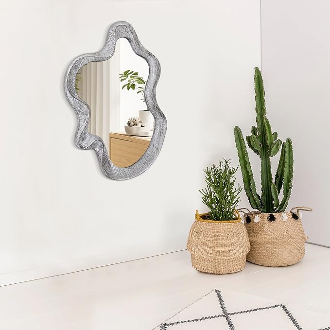 Irregular Wooden Framed Wall Mirror Modern Asymmetrical Mirror Rustic Black Cloud Hanging Mirror Artistic Wavy Mirror Decor Bathroom Vanity Bedroom Living Room Entryway Hallway Large 21.6"x15"