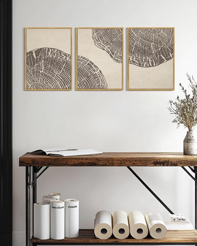 KUVIOKE Framed Tree Rings Wood Wall Art Modern Retro Beige Wood Stump Wall Decor Nature Rustic Art Print for Farmhouse Living Room Bedroom 12x16in (Natural Framed)