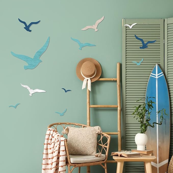 Zzbakress 11 Pcs Wooden Seagull Wall Decor Nautical Coastal Beach Wall Art Vintage Ornaments Unique Sea Birds Wall Sculpture for Home Bathroom Living Room Bedroom (Minimalist)