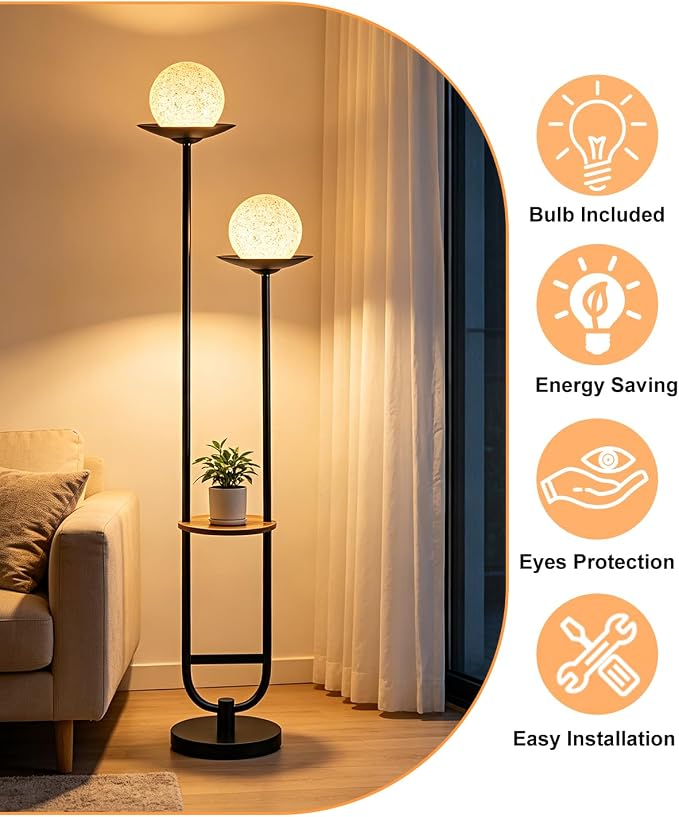 Lightdot 63IN Black Floor Lamp with U Pole, 2 Globe Mid Century Standing Lamps Dimmable with 3000K Warm White LED Bulbs& Grey Shade, Unique Vintage Tall Floor Lamp for Living Room/Wedding/Party