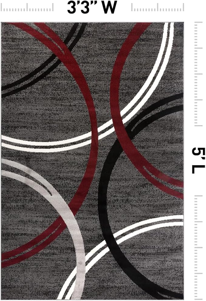 Rugshop Modern Wavy Circles Design Non-Shedding Area Rug, Carpet for Bedroom, Entryway, or Office, Red, 3'3" x 5'