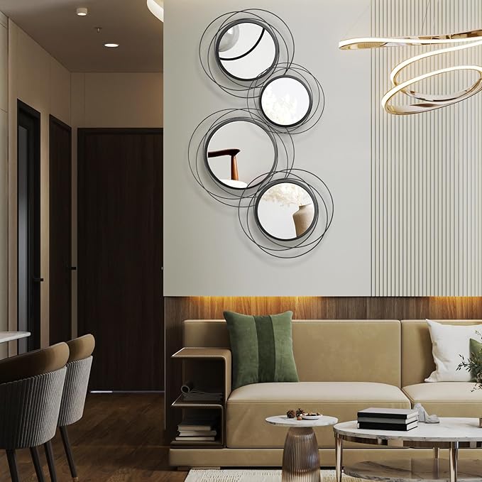 Hicarer 4 Pcs Decorative Round Modern Circle Mirror Wall Art Ring Metal Mirror Wall Mounted for Bedroom, Living Room, Entryway, Dining Room, Hallway (Black)