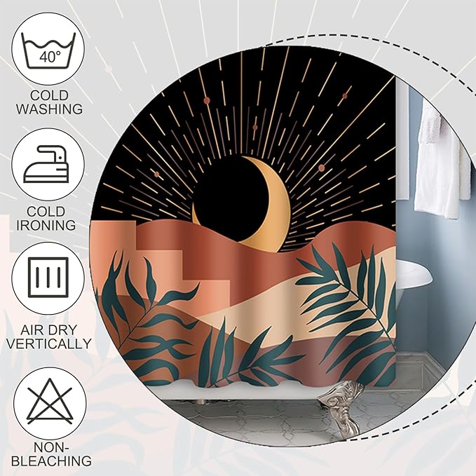 Baocicoo Boho Abstract Moon Shower Curtain - Mid Century Sunset Mountain Design, Minimalist Aesthetic, Waterproof, 72x96 Inches