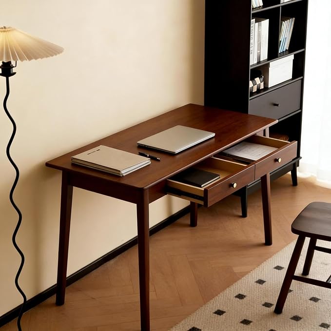 Mid Century Modern Desk, Wood Home Office Computer Desk with 2-Drawers, Vintage Writing Desk Workstation for Study, Bedroom(47.2 inch, Walnut)
