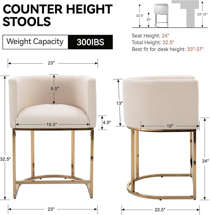 Contemporary Cream Linen Bar Stool, 24" Upholstered Fabric Counter Height Barstool Kitchen Counter Island Stool with Golden Metal Base, Cream