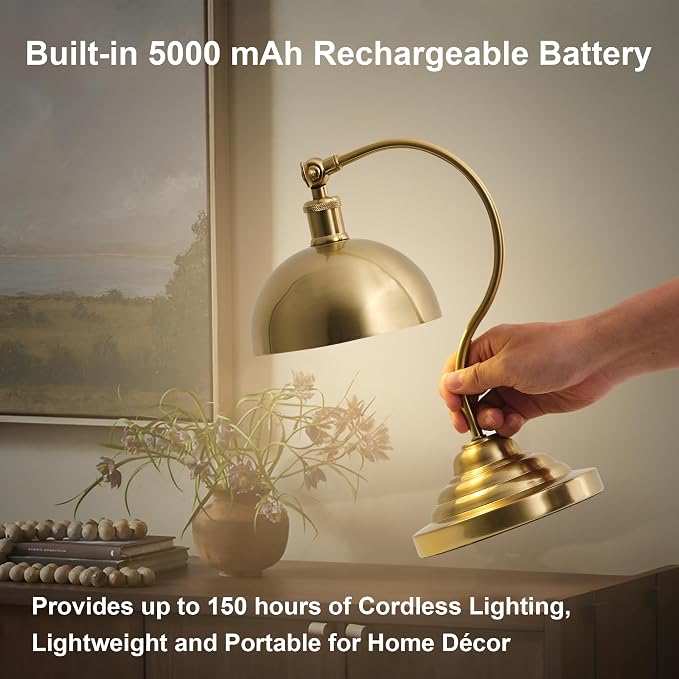 KARTOOSH Cordless LED Table Lamp Set of 2, Battery Operated Desk Lamps with Swing Arm & Plastic Shade, Vintage Small Rechargeable Dimmable Light for Bedroom, Living Room, Nightstand, Brass