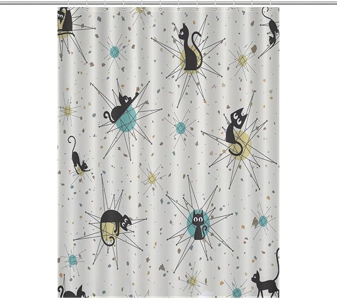 Vintage Mid Century Cats Shower Curtain Black Cat Retro Diamond Atomic 1950s 1960s Abstract Geometric Simple Waterproof Shower Curtains for Bathroom Decor 12 Pack Hooks 55x72in（140x183cm