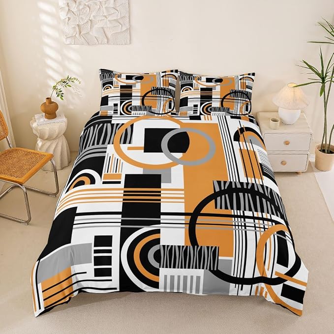 Erosebridal Art Deco Mid Century Duvet Cover Set Retro Modern Abstract Geometric King Bedding Set for Adult Men Black and White Yellow Circles Stripes Comforter Cover Contemporary Bed Sets