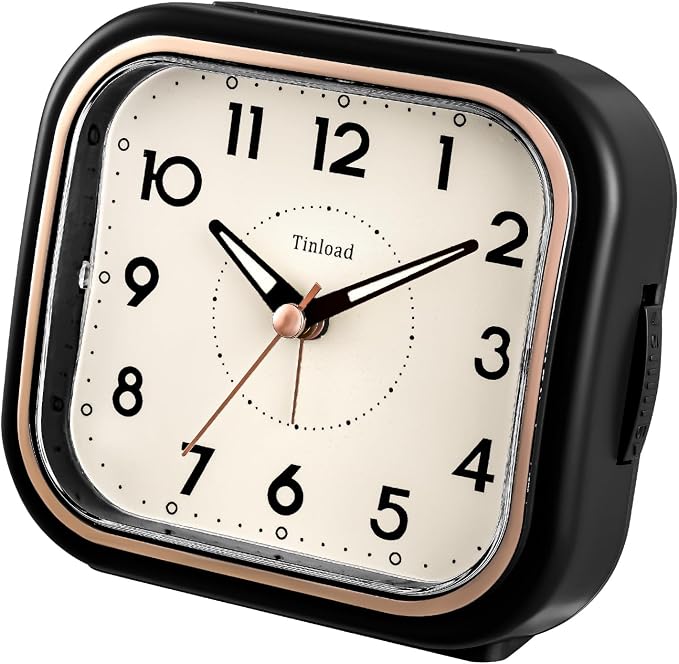 Tinload 4.3" Vintage Retro Analog Alarm Clock, Super Silent Non Ticking Clock with Manual Light, Snooze, Battery Operated, Simply Design, for Living Room, Bedroom, Bedside, Desk(Black)