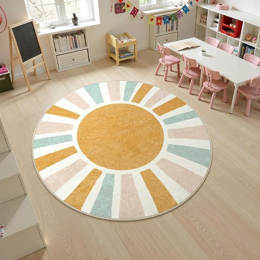 LIVEBOX Washable Boho Rug 6ft Large Round Rug for Nursery Room, Non-Slip Soft Throw Circle Rugs for Living Room, Colorful Rainbow Circular Rugs for Kids Room