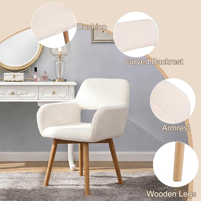 Mid Century Modern Dining Chairs Set of 4 Comfy Accent Chair Upholstered Kitchen Dining Living Room Chairs for Bedrooms Waiting Room Home Arm Desk Chair No Wheels (Rabbit Fur White, 4)