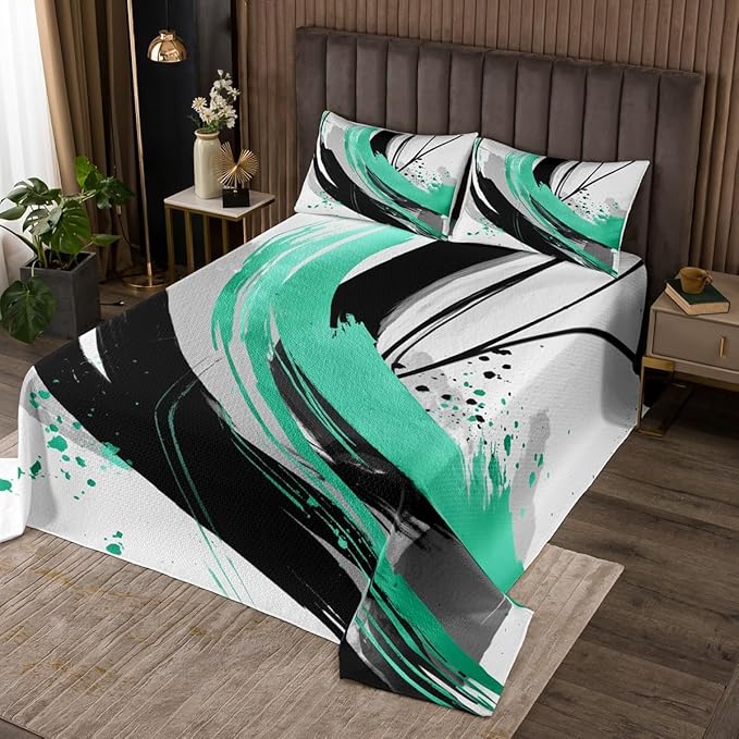 Erosebridal Black and Teal Quilt Set Queen - Striped Bedspread Set for Boys Adults Girls Geometric Decorative Abstract Coverlet Sets Minimalists Graffiti Aesthetic Lines Bedding Sets