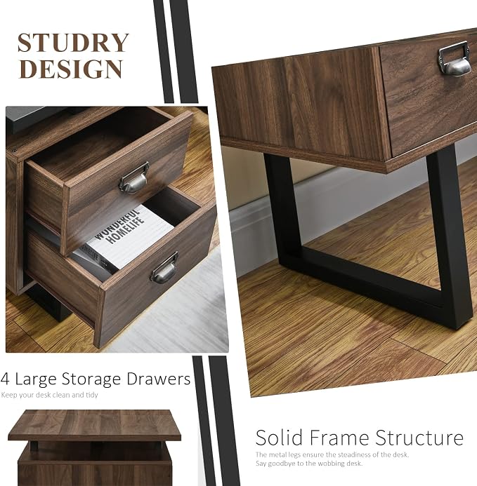 Computer Desk with Drawers, 59" L Contemporary Home Office Laptop Desk with Floating Desktop and 4 Storage Drawers Vintage Study Gaming Table with Metal Frame, Walnut-WA