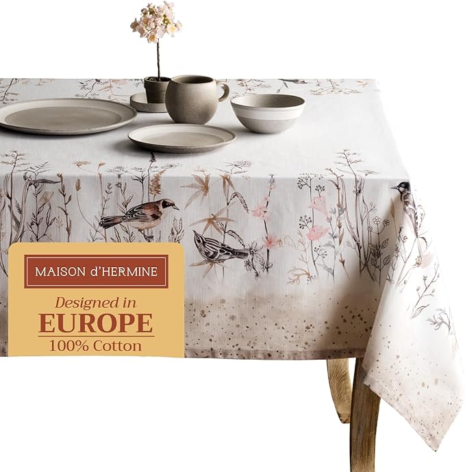 Maison d' Hermine Table Cloth Rectangle Table 100% Cotton 60 x 90 Inches Tablecloth Reusable Decorative for Dining Room Farmhouse Home Valentines Day Decorations Spring Summer - Meadow Florals - Brown