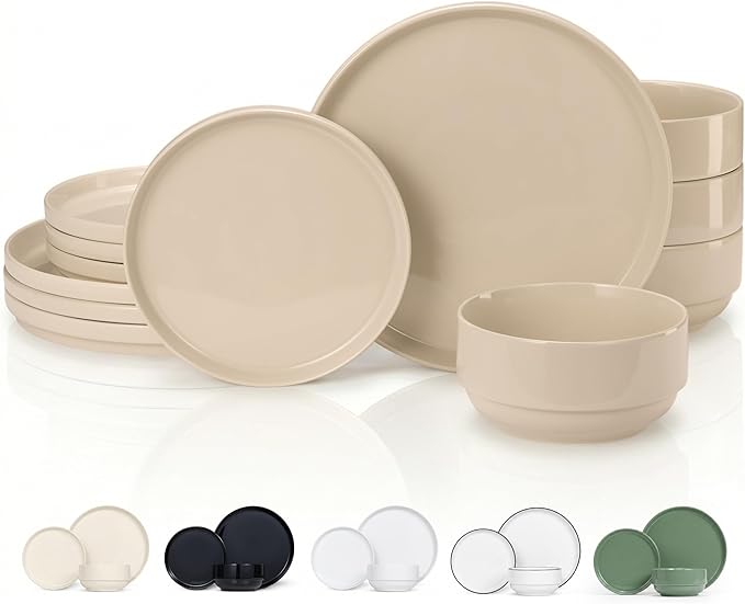Vase and Vessel Ceramic Dinnerware Set, 12-Piece Service for 4, Soup Bowls (25 oz), Salad Plates (7.5"), Dinner Plates (10"), Round, Microwave and Dishwasher Safe, Sand, Cambridge Classics
