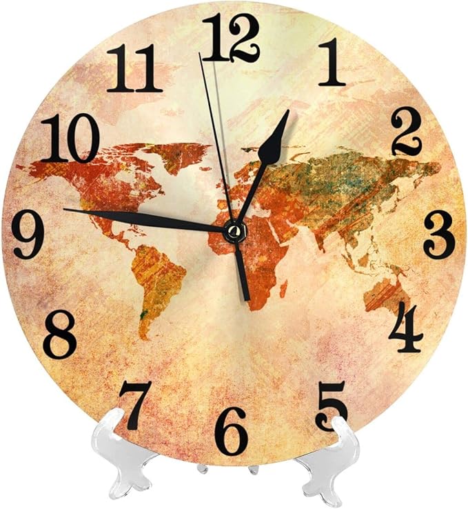World Map Wall Clock Battery Operated Silent Round Clock Retro Style Wall Decor for Home Office School, 12 Inch