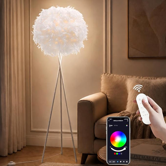 Star Vision Smart Tripod Floor Lamp with Feather Shade, Dimmable E26 LED Bulb Included, App & Voice Control Standing Light, Compatible with Alexa & Google Assistant, White