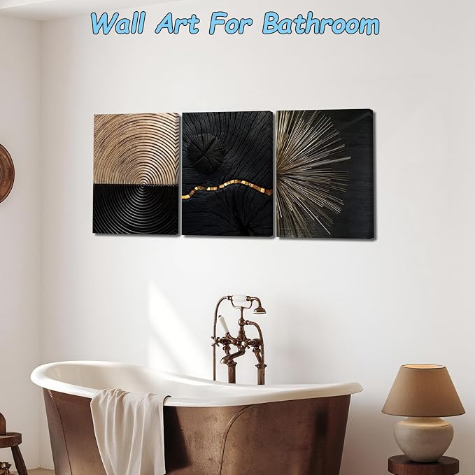 Pennimor 3Pcs Framed Retro Wood Grain Abstract Wall Art, Simple Geometric Line Wood Wall Decor, Black and Brown Modern Minimalist Artwork Printing for Bathroom Bedroom Living Room Home Office 16x24in
