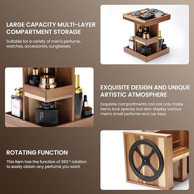 EXIN DECHEN Cologne Organizer for Men,Cologne Stand,3 Tier Wooden Perfume Shelf with Rotate,Desk Organizer,Gifts for Dad From Wife,Husband Boyfriend Birthday Gift Ideas,Valentine's Day Gifts for Men