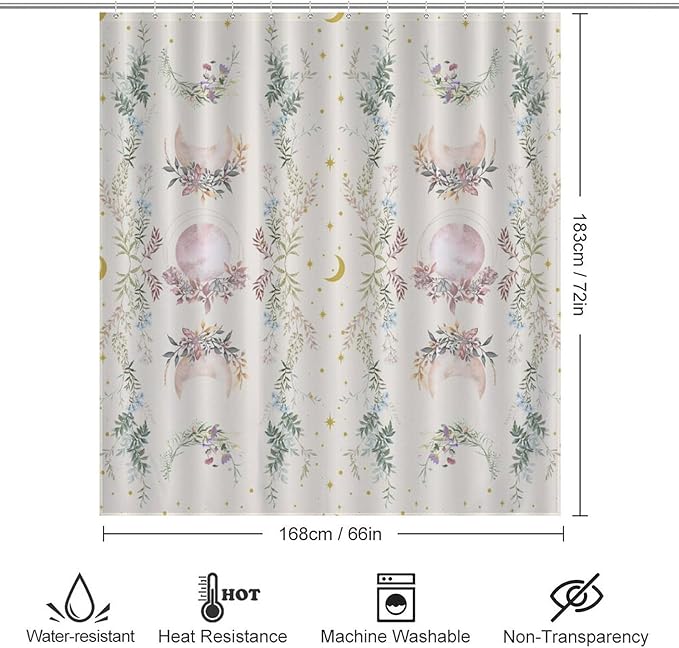 Moon Phase Flowers Shower Curtain Moonlit Herb Wildflower Witchy Celestial Flower Botanical Waterproof Shower Curtains for Bathroom Decor 12 Pack Hooks 66x72in（168x183cm）