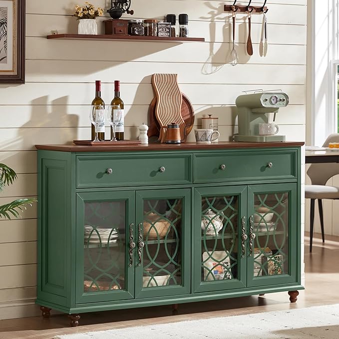 Farmhouse Sideboard Buffet Cabinet with Storage,Adjustable Shelves Console Table,59" Large Credenza with 4 Glass Doors & 2 Drawers,Wood Kitchen Coffee Bar for Dining Room,Living Room,Green