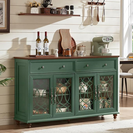 Farmhouse Sideboard Buffet Cabinet with Storage,Adjustable Shelves Console Table,59" Large Credenza with 4 Glass Doors & 2 Drawers,Wood Kitchen Coffee Bar for Dining Room,Living Room,Green