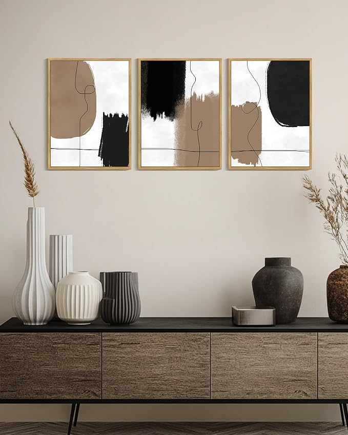KUVIOKE Neutral Abstract Framed Wall Art Beige Mid Century Textured Wall Decor Minimalist Line Modern Illustrations Art Print for Living Room Bedroom 12x16in (Natural Framed)