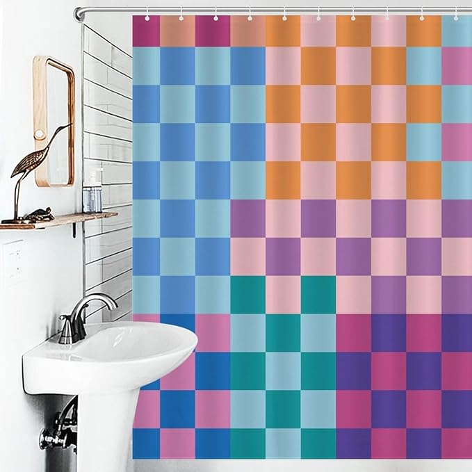 70S Checkered Shower Curtain, Retro Vintage Funky Hippie Aesthetic Groovy Rainbow Modern Checkboard Cute Colorful Purple Waterproof Fabric Bathroom Shower Curtain Set with Hooks, 72"x84" Inch