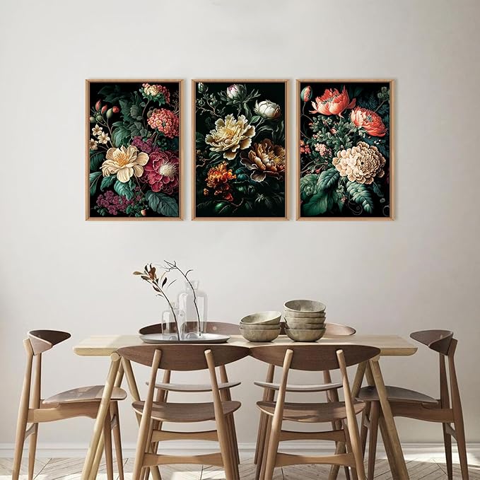 FWIEXA Moody Floral Wall Art Canvas Set, Framed Dark Botanical Wall Painting, Large Black Academia Wall Painting, Academia Art Print 3 Piece 16x24 Inches for Living Room, Bedroom, Office