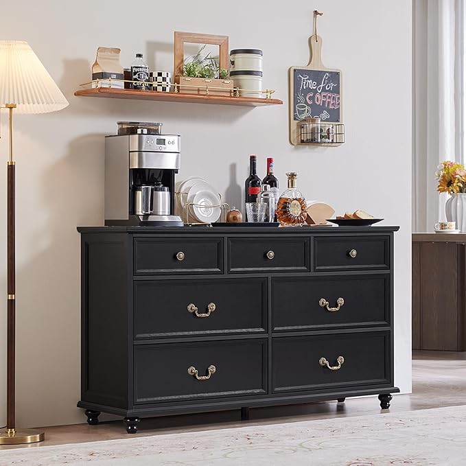 Farmhouse 7 Drawers Dresser Sets of 2 for Bedroom, Black 54 Inch Wide Chest of Drawers w/ 4 Wooden Legs, Large Vintage Rustic Closet Dressers for Living Room, Wood TV Stand