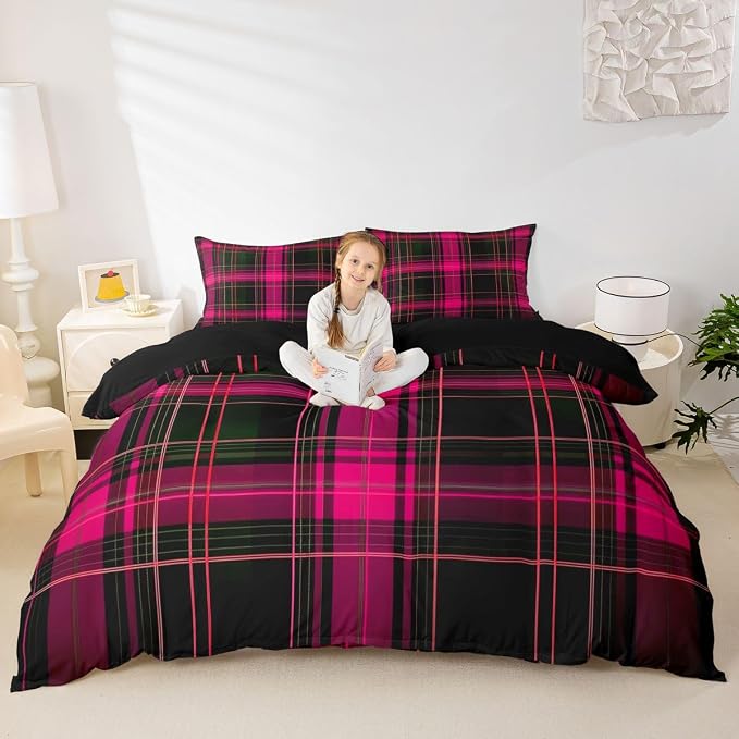 Erosebridal Geometric Plaid Grid Comforter Cover Queen Modern Checkered Tartan Bedding Set for Kids Teens Vintage Pink Black Duvet Cover Farmhouse Cabin Decor Bedroom Decor, Zipper