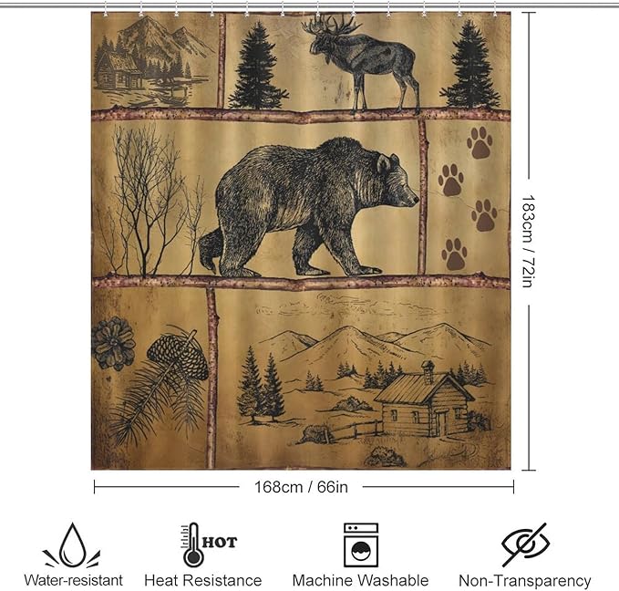 Rustic Cabin Vintage Bear Shower Curtain, Farmhouse Country Antique Bear Moose Forest Vintage Wood Camping Waterproof Shower Curtains for Bathroom Decor 12 Pack Hooks 66x72in（168x183cm）