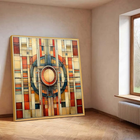 Glethua Mid Century Modern Colorful Canvas Wall Art, Geometric Abstract Wall Decor, Neutral Home Decor Aesthetic, Minimalist Artwork for Office Living Room Bedroom (Gold Framed, 19"x19"/47x47cm)