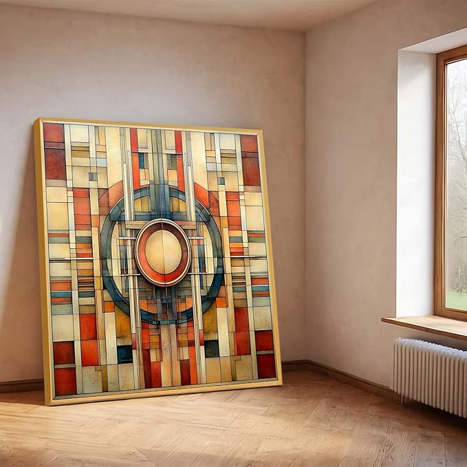 Glethua Mid Century Modern Colorful Canvas Wall Art, Geometric Abstract Wall Decor, Neutral Home Decor Aesthetic, Minimalist Artwork for Office Living Room Bedroom (Gold Framed, 30"x30"/76x76cm)