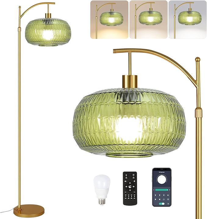 Glass Floor Lamp for Living Room,Bedroom,Gold Mid Century Modern Standing Lamp with Remote,Dimmable Brass Tall Lamp Vintage Retro Green Arc Flower Floor Light Boho Bohemian