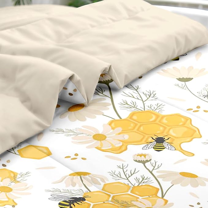Pamnest Comforter Set King Size, Bees Honey Flower 7 Pcs Bedding for Kids and Adults, Spring Floral Summer Bed Sheet Sets with Fitted Sheet 2 Pillowcases & 2 Shams for Bedroom Bed Decor