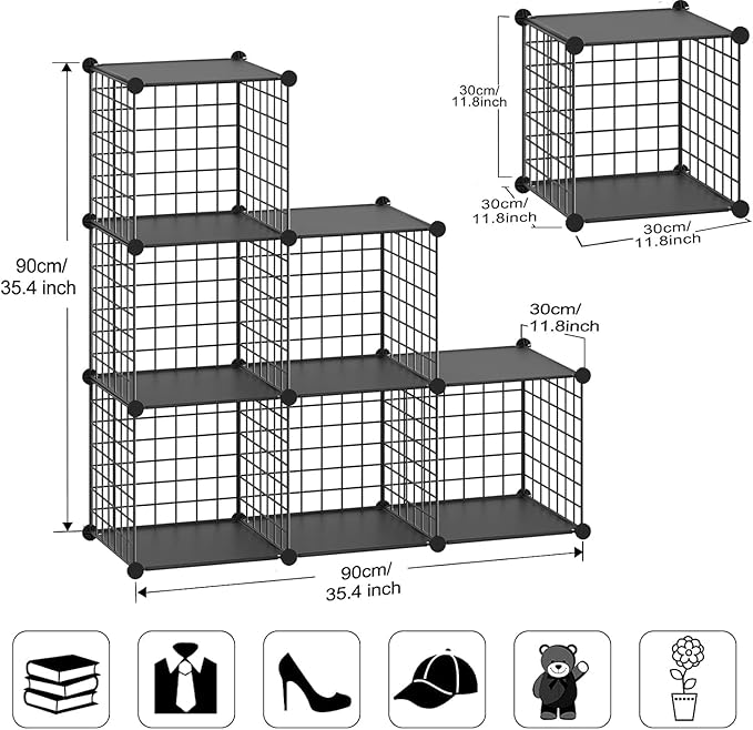 Wire Cube Storage Organizer, Metal Storage Shelves Bookshelf, Stackable Modular Closet Organizer for Bedroom Living Room, Office,Storage Shelves（6-Cube，Black）