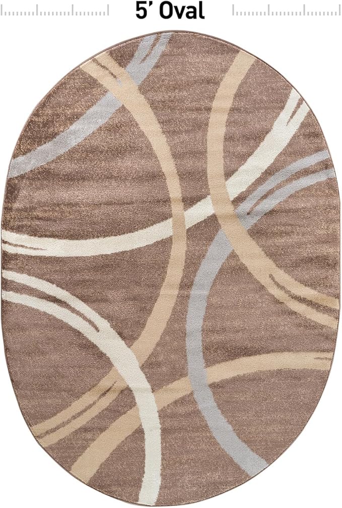 Rugshop Modern Wavy Circles Design Oval Rug, Non-Shedding Carpet for Bedroom, Living Room, or Dining Room, Brown, 5' x 7' Oval