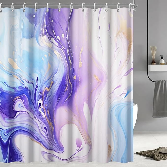 Purple Shower Curtain, Ombre Purple and Blue Marble Shower Curtain for Bathroom Waterproof Abstract Shower Curtain Set with Hooks, 72x84 Inch