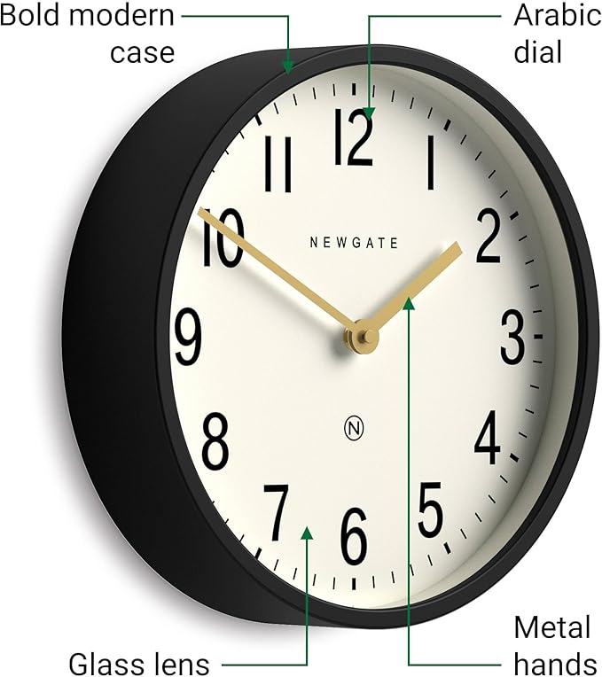 NEWGATE® Master Edwards wall Clock | Mid-Century Style Clock | 12 inch | Deep Metal case in matt Black | Modern Retro Design for Kitchen, Living Room or Office