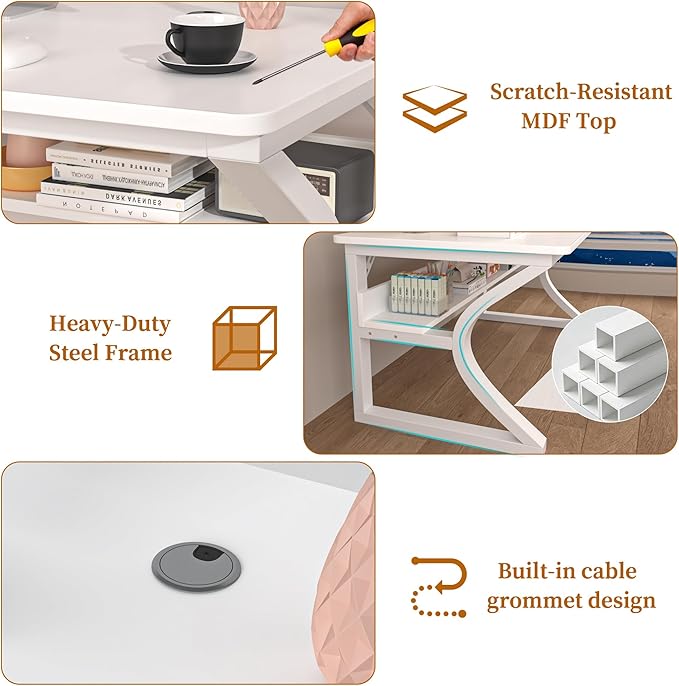 55 X 23.6'' Computer Desk, Home Office Desks w/Shelf Storage, Computer Desk w/Metal Frame, Cable Management, Study Student Desk Writing Work Table Deeper & Thicker Desktop for Home Bedroom