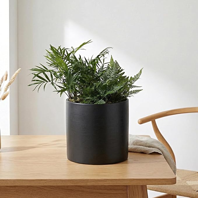 Black Metal Plant Pot with Drainage Hole,7 Inch Mid Century Modern Small Pot Indoor Outdoor Planters for Succulents, Flowers & Home Decor Gift Window Living Room Bedroom