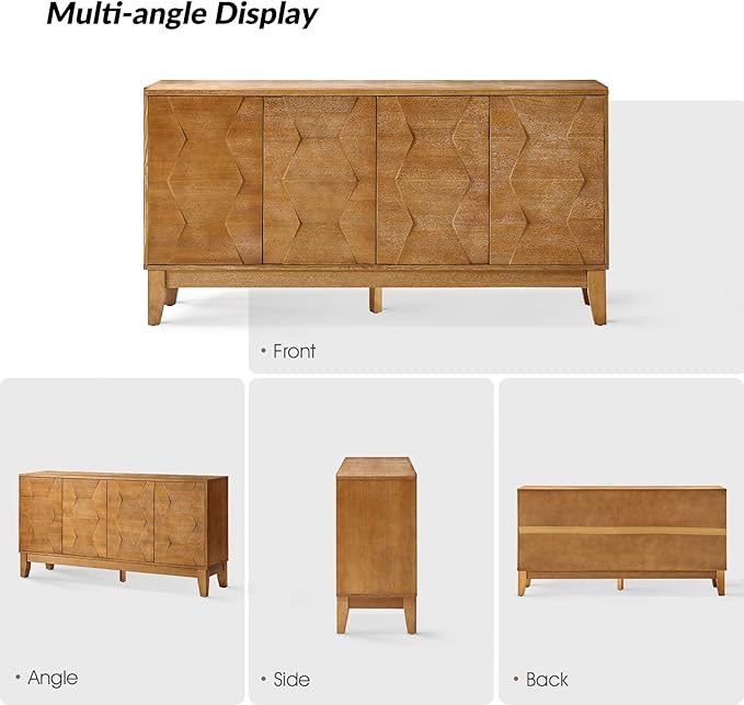 HULALA HOME Mid Century Sideboard Buffet Cabinet with Solid Wood Legs, 60" Kitchen Storage Cabinet Credenza with 4 Doors and 2 Shelves, Accent Console Table (Seadrift)