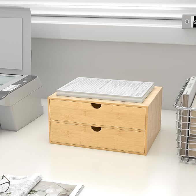 Bamboo Desk Drawer Organizer, Large Desktop Organizer with Drawers Tabletop Storage Organization Box for Office Home Toiletries Supplies Vanity, No Assembly Required (2 Drawer)