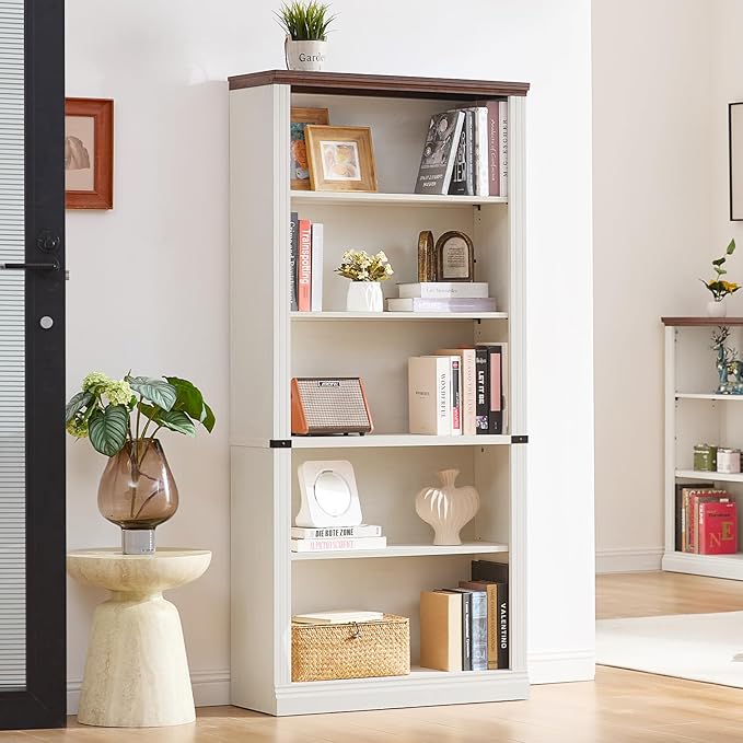 70" White Tall Bookshelf Set of 3,5-Tier Thick Wooden Book Shelf with Adjustable Shelves,Free Standing Farmhouse Bookcase with Open Display Storage,Floor Vintage Bookshelves for Living Room