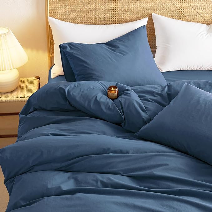 Wake In Cloud - Cotton Duvet Cover Set, 100% Washed Cotton, Linen Like Textured, Breathable Durable Comfy Farmhouse Neutral Bedding Set, 3 Pieces, Navy Blue, Full Size
