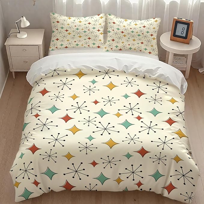 Modern Geometric Bedding Set,1950s 1960s Mid Century Vintage Abstract Atomic Stars Geometric Diamond Pattern Comforter Set with Pillowcase for Bedroom Bed Decor,Queen 90"x90"