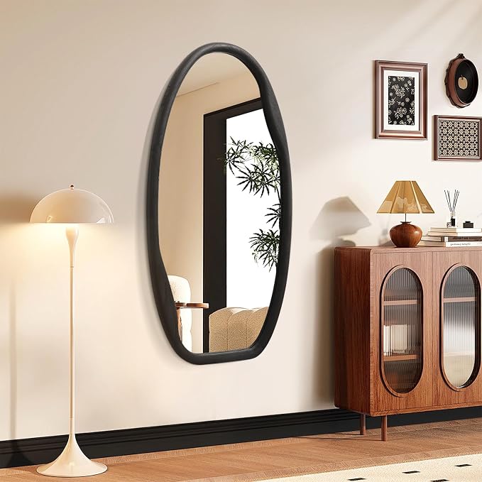 JJUUYOU Irregular Wall Mirror Black Wood Frame Mirrors for Wall 40"X20" Large Asymmetrical Hanging Mirror Modern Horizontal or Vertical Mirrors for Living Room Bathroom Entryway Bedroom Farmhouse