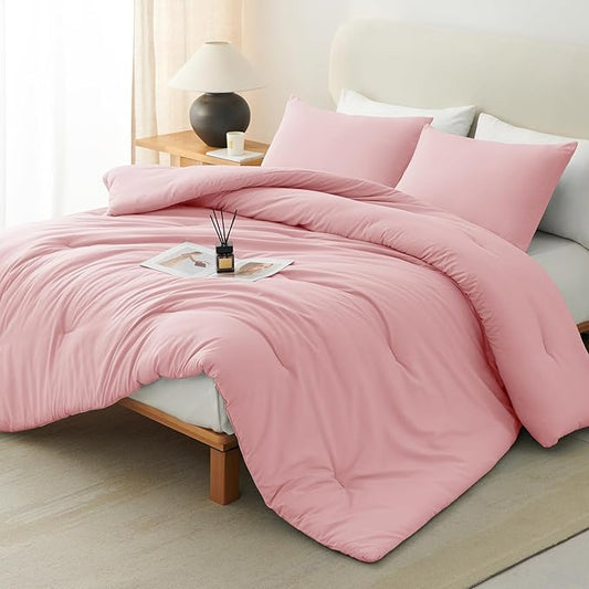 CozyLux King Size Comforter Set Pink, 3 Pieces Lightweight Down Alternative Quilted Bedding Sets, All Season Soft Breathable Solid Comforter with 2 Pillowcases, Luxury Bed Set Gift for Home
